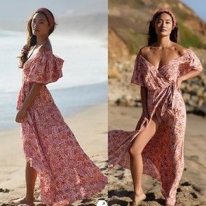 L*Space Womens Panama Floral Wrap Maxi Dress XS Lily of the Valley Pink NWT